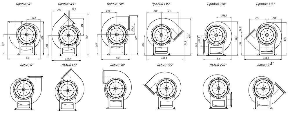 Габаритные и присоединительные размеры радиального вентилятора среднего давления ВЦ 14-46 №3.15 Исполнение 1, зависящие от положения корпуса