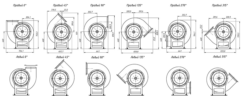 Габаритные и присоединительные размеры радиального вентилятора среднего давления ВЦ 14-46 №4 Исполнение 1, зависящие от положения корпуса