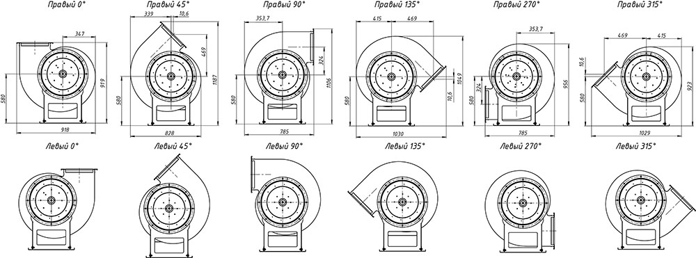 Габаритные и присоединительные размеры радиального вентилятора среднего давления ВЦ 14-46 №5 Исполнение 1, зависящие от положения корпуса