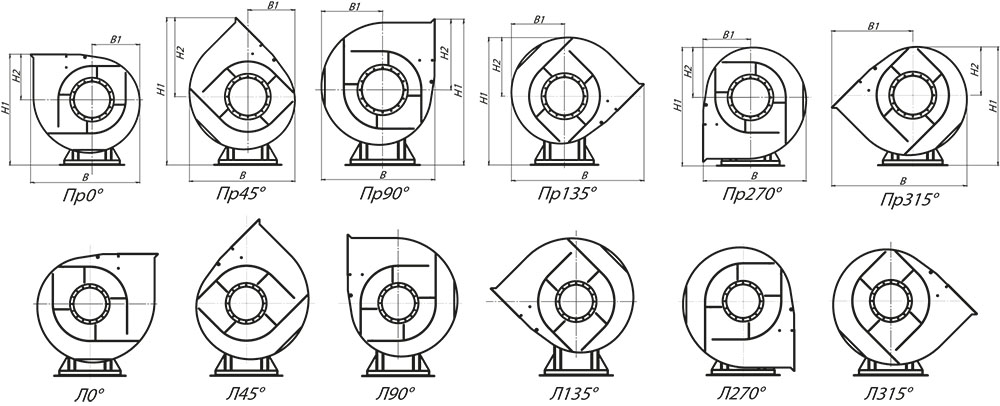 Габаритные и присоединительные размеры пылевого вентилятора ВЦП 7-40 №8, зависящие от положения корпуса